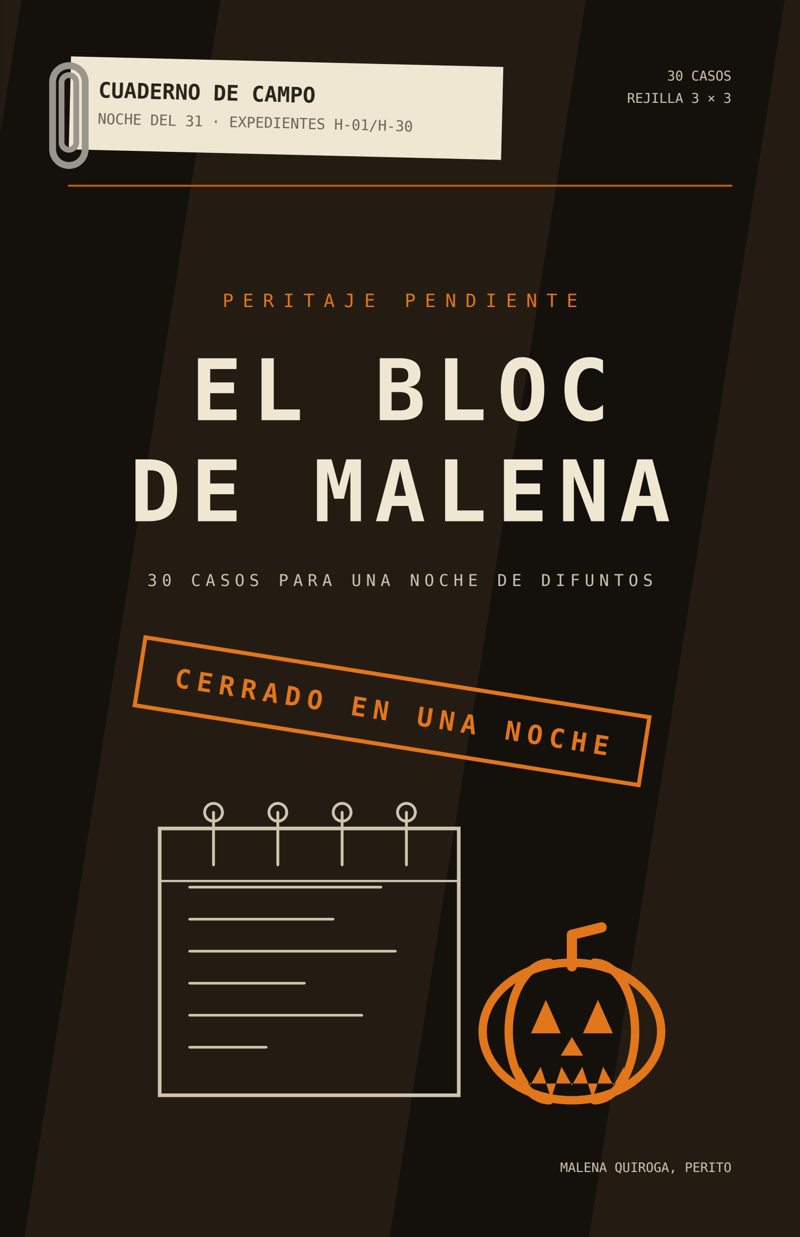 Cubierta marrón oscuro de cuaderno de campo con una etiqueta de expediente sujeta por un clip, el título en tipografía de máquina de escribir, un sello naranja inclinado que dice Cerrado en una noche, un bloc de anillas dibujado a línea y una calabaza de Halloween.